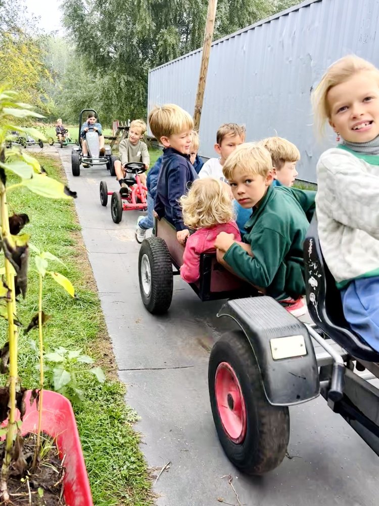 Een lange rij gocarts met kinderen op de boerderij